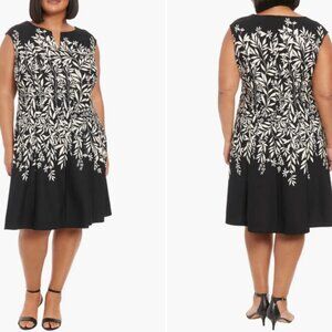 London Times Elegant Black White Floral Fit &Flare Dress Women's Plus size